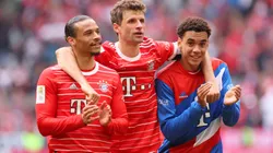 Leroy Sane, Thomas Mueller and Jamal Musiala of FC Bayern Munich celebrate following the team's victory during the Bundesliga match between FC Bayern München and FC Schalke 04 at Allianz Arena on May 13, 2023 in Munich, Germany.