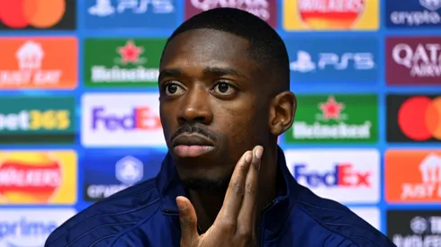 Ousmane Dembele of Paris Saint-Germain looks on during a press conference ahead of their UEFA Champions League 2024/25 quarter final second leg match against Aston Villa at Villa Park on April 14, 2025 in Birmingham, England.