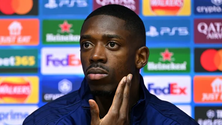 Ousmane Dembele of Paris Saint-Germain looks on during a press conference ahead of their UEFA Champions League 2024/25 quarter final second leg match against Aston Villa at Villa Park on April 14, 2025 in Birmingham, England.