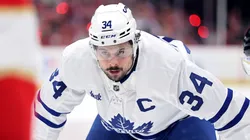 Auston Matthews #34 of the Toronto Maple Leafs looks to face off against the Florida Panthers during the third period in Game Three of the Second Round of the 2025 Stanley Cup Playoffs