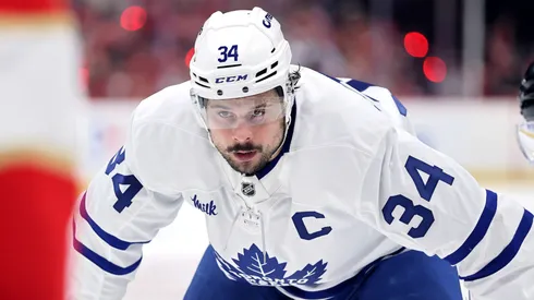Auston Matthews #34 of the Toronto Maple Leafs looks to face off against the Florida Panthers during the third period in Game Three of the Second Round of the 2025 Stanley Cup Playoffs