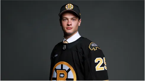 James Hagens poses for a portrait after being drafted by the Boston Bruins with the seventh overall pick during the first round of the 2025 Upper Deck NHL Draft at JW Marriott Los Angeles L.A. LIVE on June 27, 2025 in Los Angeles, California.