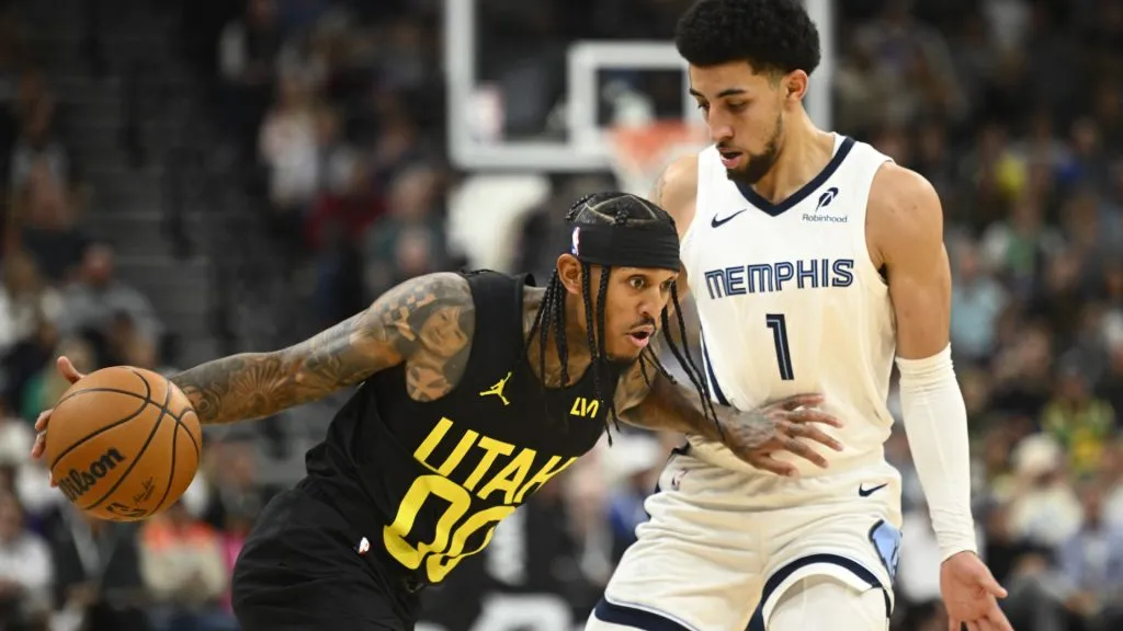 Jordan Clarkson #00 of the Utah Jazz drives against Scotty Pippen Jr. #1 of the Memphis Grizzlies