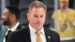 Head coach Bruce Cassidy of the Vegas Golden Knights walks off the ice after his team's 1-0 overtime loss to the Edmonton Oilers in Game Five of the Second Round of the 2025 Stanley Cup Playoffs at T-Mobile Arena on May 14, 2025 in Las Vegas, Nevada. The Oilers won the series four games to one.