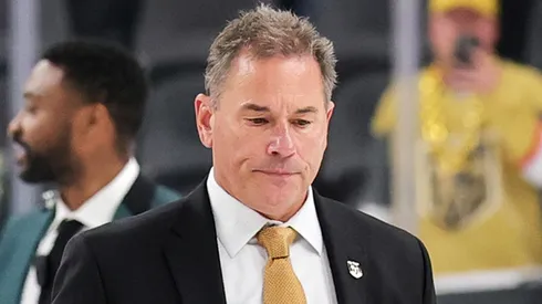 Head coach Bruce Cassidy of the Vegas Golden Knights walks off the ice after his team's 1-0 overtime loss to the Edmonton Oilers in Game Five of the Second Round of the 2025 Stanley Cup Playoffs at T-Mobile Arena on May 14, 2025 in Las Vegas, Nevada. The Oilers won the series four games to one.