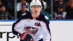 Zach Werenski #8 of the Columbus Blue Jackets skates against the New York Islanders at UBS Arena on March 24, 2025 in Elmont, New York.