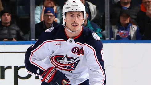 Zach Werenski #8 of the Columbus Blue Jackets skates against the New York Islanders at UBS Arena on March 24, 2025 in Elmont, New York.