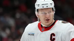 Brady Tkachuk #7 of the Ottawa Senators looks on against the Washington Capitals during the first period at Capital One Arena on March 03, 2025 in Washington, DC.