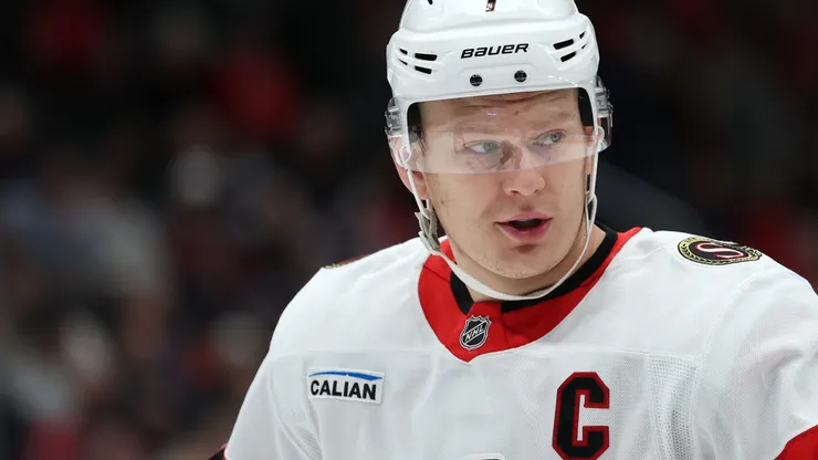 Brady Tkachuk #7 of the Ottawa Senators looks on against the Washington Capitals during the first period at Capital One Arena on March 03, 2025 in Washington, DC.