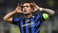Lautaro Martinez of FC Internazionale celebrates after scoring their team's first goal during the UEFA Champions League 2024/25 Quarter Final Second Leg match.