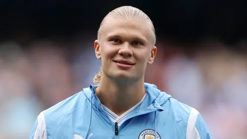 Erling Haaland of Manchester City smiles prior to the Premier League match.
