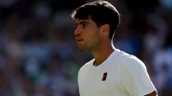 Carlos Alcaraz of Spain reacts against Fabio Fognini of Italy during the Gentlemen's Singles first round match on day one of The Championships Wimbledon 2025 at All England Lawn Tennis and Croquet Club on June 30, 2025 in London, England.