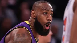 LeBron James #23 of the Los Angeles Lakers reacts against the New York Knicks during their game at Madison Square Garden on February 01, 2025 in New York City.