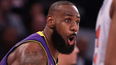 LeBron James #23 of the Los Angeles Lakers reacts against the New York Knicks during their game at Madison Square Garden on February 01, 2025 in New York City.
