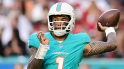 Tua Tagovailoa #1 of the Miami Dolphins looks to pass against the San Francisco 49ers at Hard Rock Stadium on December 22, 2024 in Miami Gardens, Florida.