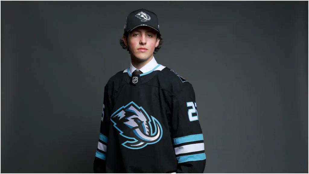 Caleb Desnoyers poses for a portrait after being drafted by the Utah Mammoth with the fourth overall pick during the first round of the 2025 Upper Deck NHL Draft at JW Marriott Los Angeles L.A. LIVE on June 27, 2025 in Los Angeles, California.