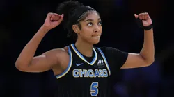 Angel Reese #5 of the Chicago Sky celebrates a 92-85 win over the Los Angeles Sparks at Crypto.com Arena on June 29, 2025 in Los Angeles, California.