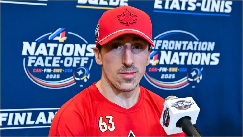Brad Marchand #63 of Canada takes questions during media day ahead of the 2025 NHL 4 Nations Face-Off at the Bell Centre on February 11, 2025 in Montreal, Quebec, Canada.