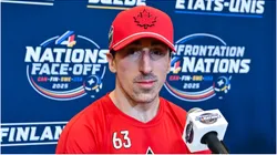 Brad Marchand #63 of Canada takes questions during media day ahead of the 2025 NHL 4 Nations Face-Off at the Bell Centre on February 11, 2025 in Montreal, Quebec, Canada.