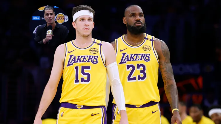 General Manager Rob Pelinka in a corner, and Austin Reaves #15 and LeBron James #23 of the Los Angeles Lakers.