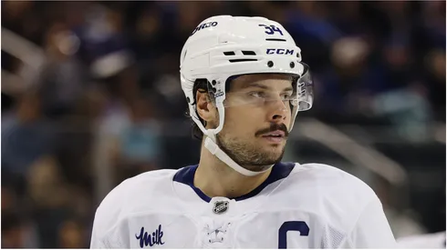 Auston Matthews #34 of the Toronto Maple Leafs in action during the game against the New York Rangers at Madison Square Garden on March 20, 2025 in New York City.