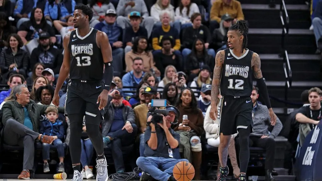 MEMPHIS, TENNESSEE – NOVEMBER 18: Jaren Jackson Jr. #13 and Ja Morant #12 of the Memphis Grizzlies during the second half against the Oklahoma City Thunder at FedExForum on November 18, 2022 in Memphis, Tennessee. (Photo by Justin Ford/Getty Images)