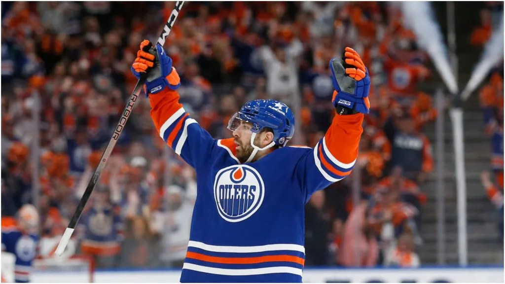 Evan Bouchard #2 of the Edmonton Oilers during an NHL game at Rogers Place in Edmonton, Alberta, Canada.