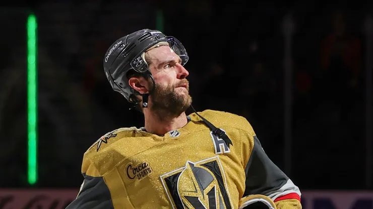 Alex Pietrangelo #7 of the Vegas Golden Knights throws a plush sword to fans after being named the second star of the game following the team's 3-1 victory over the Vancouver Canucks at T-Mobile Arena on December 19, 2024 in Las Vegas, Nevada.