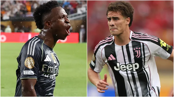 Vinicius Junior #7 of Real Madrid C.F and Kenan Yildiz #10 of Juventus FC.