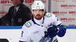 Conor Garland #8 of the Vancouver Canucks skates against the New York Islanders at UBS Arena on March 26, 2025 in Elmont, New York.