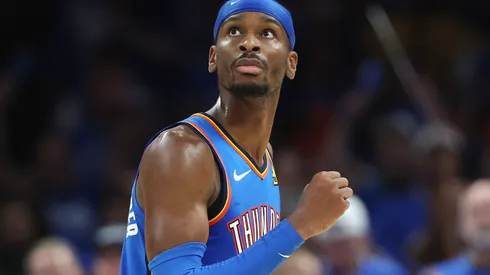 Shai Gilgeous-Alexander #2 of the Oklahoma City Thunder celebrates as Ben Sheppard #26 of the Indiana Pacers looks on during the fourth quarter in Game Seven of the 2025 NBA Finals at Paycom Center on June 22, 2025 in Oklahoma City, Oklahoma.