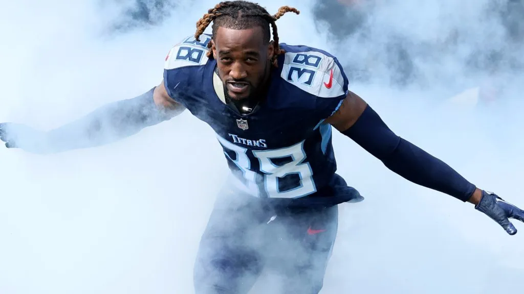 L’Jarius Sneed #38 of the Tennessee Titans is introduced before the game against the Indianapolis Colts at Nissan Stadium on October 13, 2024 in Nashville, Tennessee.