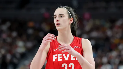 Caitlin Clark of Indiana Fever waits for an inbound pass vs Las Vegas Aces