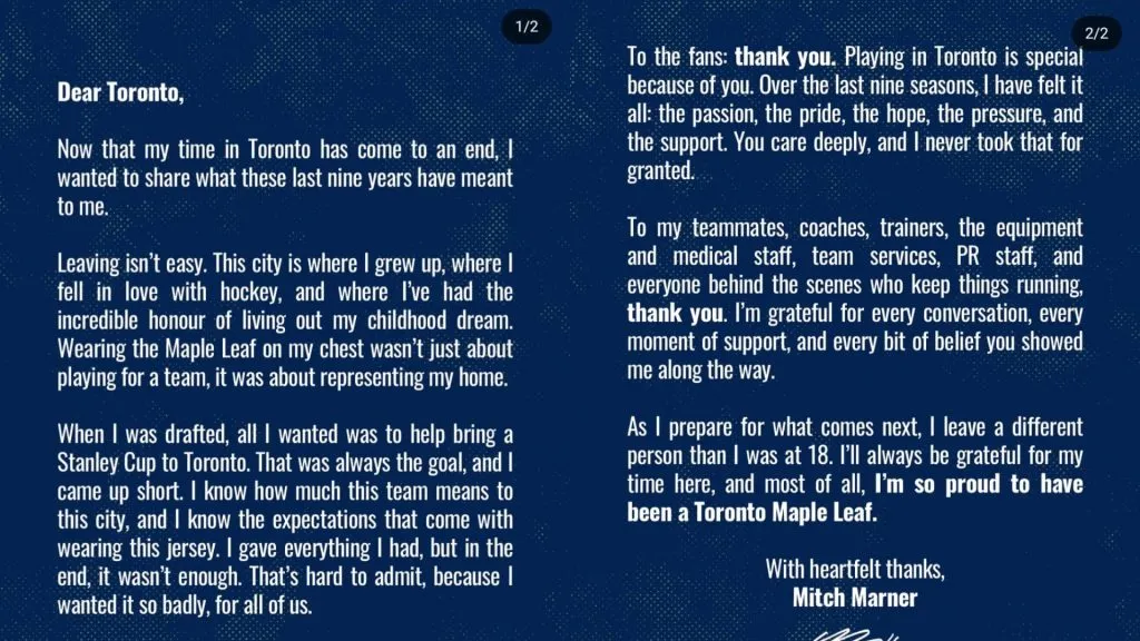 Mitch Marner shared his farewell message on Instagram, reflecting on his nine-year journey with the Maple Leafs and expressing deep gratitude to the city of Toronto.