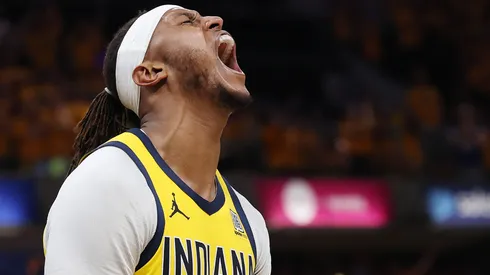 Myles Turner #33 of the Indiana Pacers reacts during the fourth quarter against the Oklahoma City Thunder in Game Three of the 2025 NBA Finals at Gainbridge Fieldhouse on June 11, 2025 in Indianapolis, Indiana.