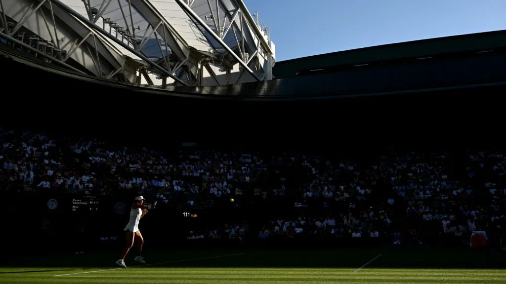 Mimi Xu of Great Britain plays a forehand against Emma Raducanu&nbsp;at Centre Court (Mike Hewitt/Getty Images)