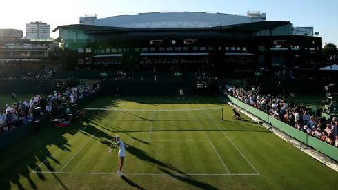 A general view over Court 10 as Ajla Tomljanovic of Australia serves against Anastasia Pavlyuchenkova at All England Lawn Tennis Club