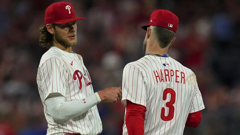 Alec Bohm #28 of the Philadelphia Phillies celebrates with Bryce Harper #3 after the game against the San Diego Padres at Citizens Bank Park on June 30, 2025 in Philadelphia, Pennsylvania. The Phillies defeated the Padres 4-0. (Photo by Mitchell Leff/Getty Images)