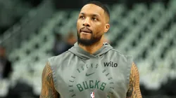 Damian Lillard #0 of the Milwaukee Bucks warms up before Game Four of the Eastern Conference First Round NBA Playoffs against the Indiana Pacers at Fiserv Forum on April 27, 2025 in Milwaukee, Wisconsin.