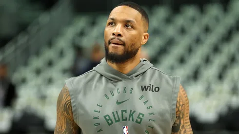 Damian Lillard #0 of the Milwaukee Bucks warms up before Game Four of the Eastern Conference First Round NBA Playoffs against the Indiana Pacers at Fiserv Forum on April 27, 2025 in Milwaukee, Wisconsin.