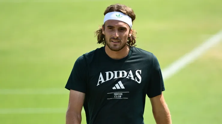 Stefanos Tsitsipas of Greece looks on during a practice session prior to The Championships Wimbledon 2025 at All England Lawn Tennis and Croquet Club on June 29, 2025.