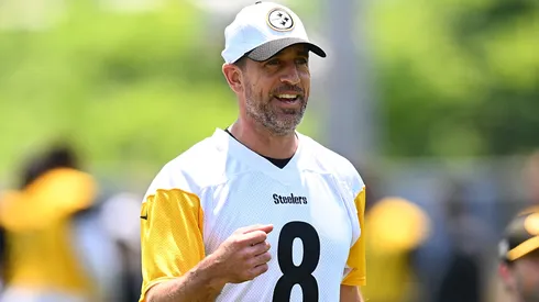 Aaron Rodgers #8 of the Pittsburgh Steelers looks on during Minicamp at UPMC Rooney Sports Complex on June 11, 2025 in Pittsburgh, Pennsylvania.
