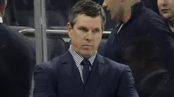 Head coach Mike Sullivan works the bench against the New York Rangers at Madison Square Garden on March 25, 2019 in New York City.