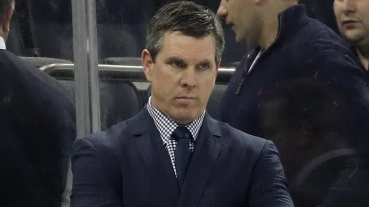 Head coach Mike Sullivan works the bench against the New York Rangers at Madison Square Garden on March 25, 2019 in New York City.