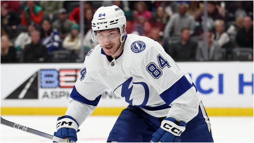 Tanner Jeannot #84 of the Tampa Bay Lightning skates to a puck during the third period of a game against the Anaheim Ducks at Honda Center on March 24, 2024 in Anaheim, California.