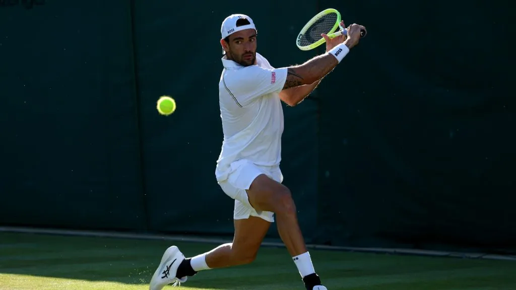 Matteo Berrettini of Italy plays a backhand against Kamil Majchrzak of Poland during the Gentlemen’s Singles first round match on day one of The Championships Wimbledon 2025. (Source: Dan Istitene/Getty Images)