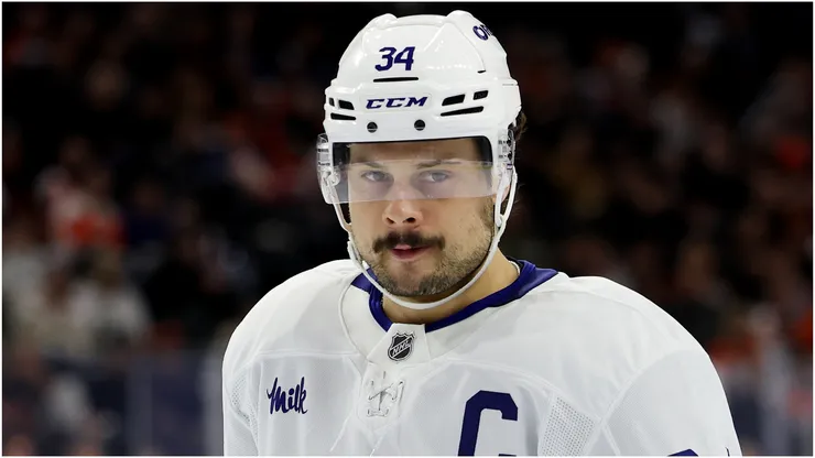 Auston Matthews #34 of the Toronto Maple Leafs looks on during a game against the Philadelphia Flyers at the Wells Fargo Center on January 07, 2025 in Philadelphia, Pennsylvania.