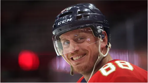 Nate Schmidt #88 of the Florida Panthers reacts prior to Game Four of the First Round of the 2025 Stanley Cup Playoffs against the Tampa Bay Lightning at Amerant Bank Arena on April 28, 2025 in Sunrise, Florida.