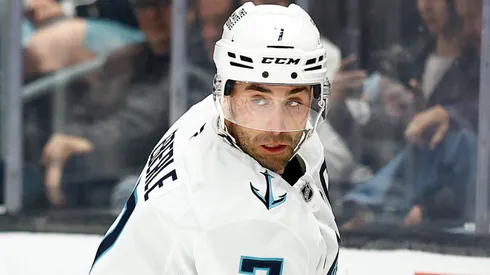 Jordan Eberle #7 of the Seattle Kraken at Crypto.com Arena on April 07, 2025 in Los Angeles, California.