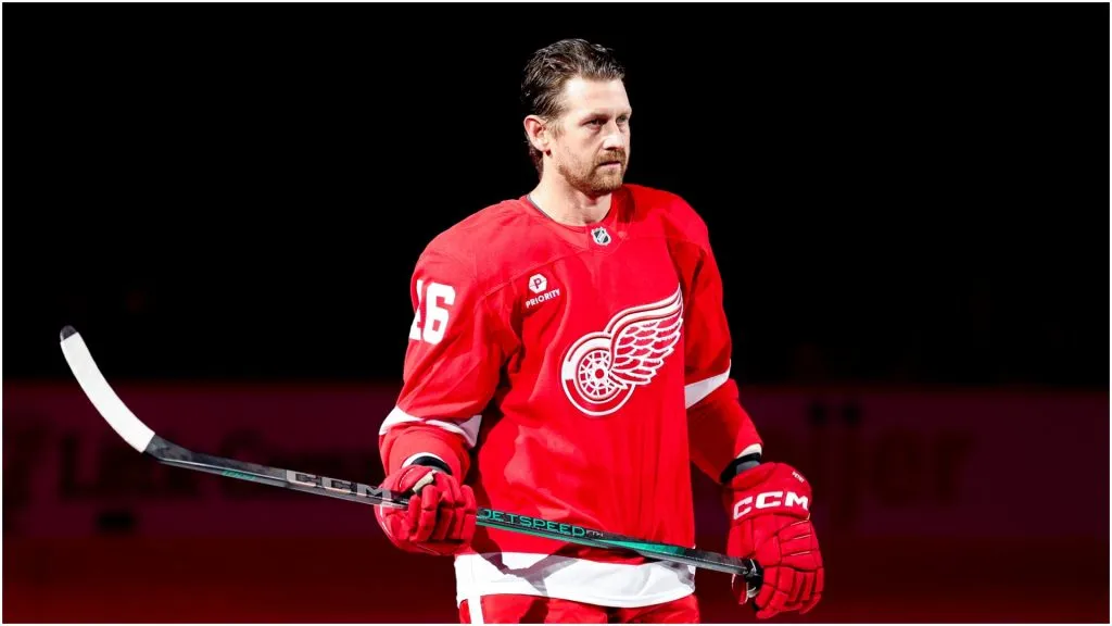 Jeff Petry #46 of the Detroit Red Wings is introduced before a game against the Pittsburgh Penguins at Little Caesars Arena on October 10, 2024 in Detroit, Michigan.